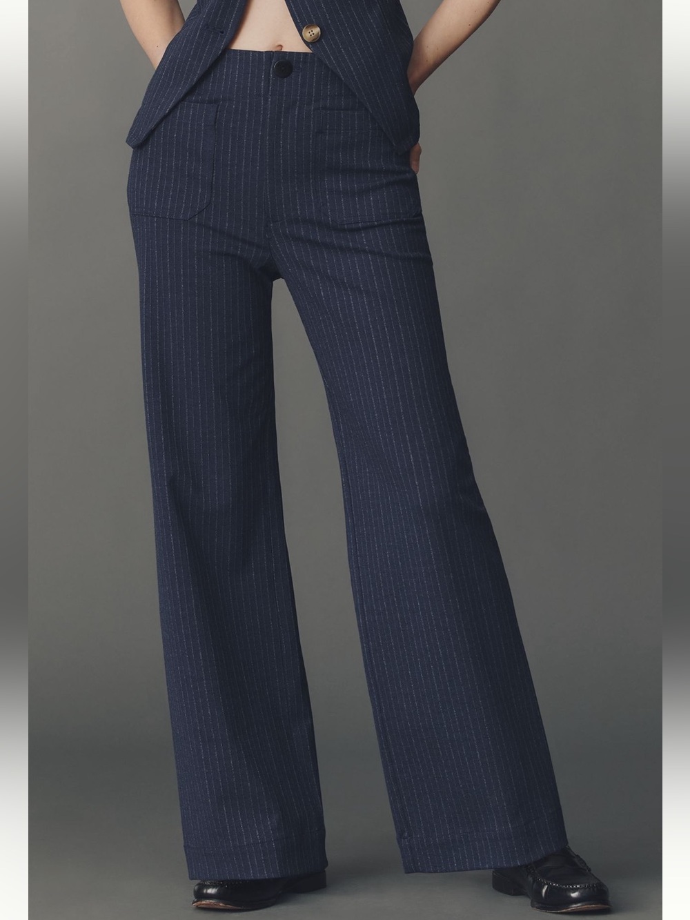 Anthropologie Colette Pants Maeve Wide Leg Full Length Ponte New Navy Pinstripe